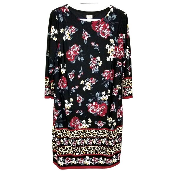 Chico's Dresses & Skirts - Chico's Women Floral Leopard-Print Dress Sz L Black 3/4 Sleeve Jersey Pullover
